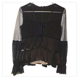 Sheer Black Mesh Peplum Top Polka Dot Sleeves Tie Back Gothic XS